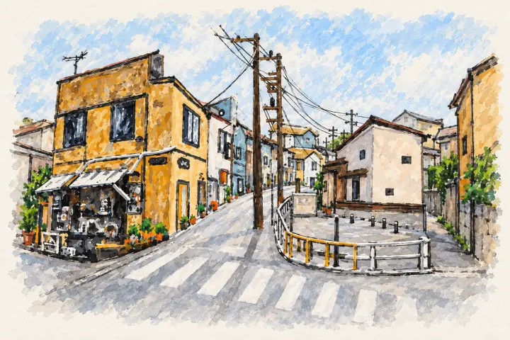 Kyojima streets and a yellow house, from Tad Malone’s invitation painting.