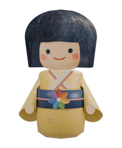 Kokechan, a smiling wooden kokeshi doll in a golden yellow kimono with a blue obi and a seven-color flower.